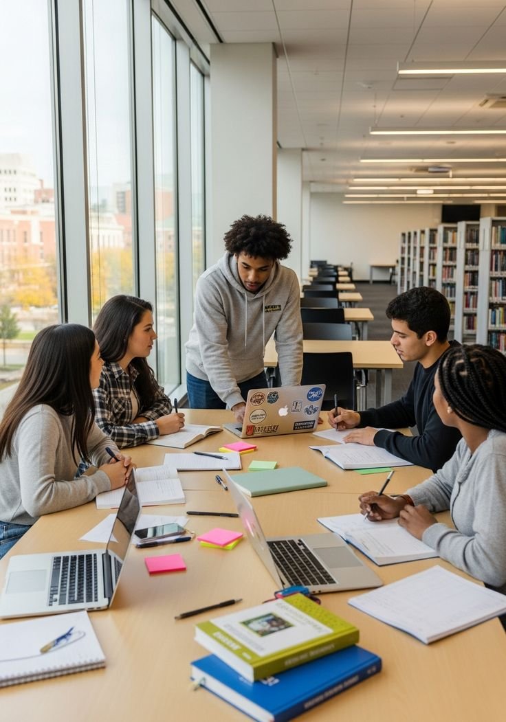 Diverse University Study Group in a Bright Campus Library